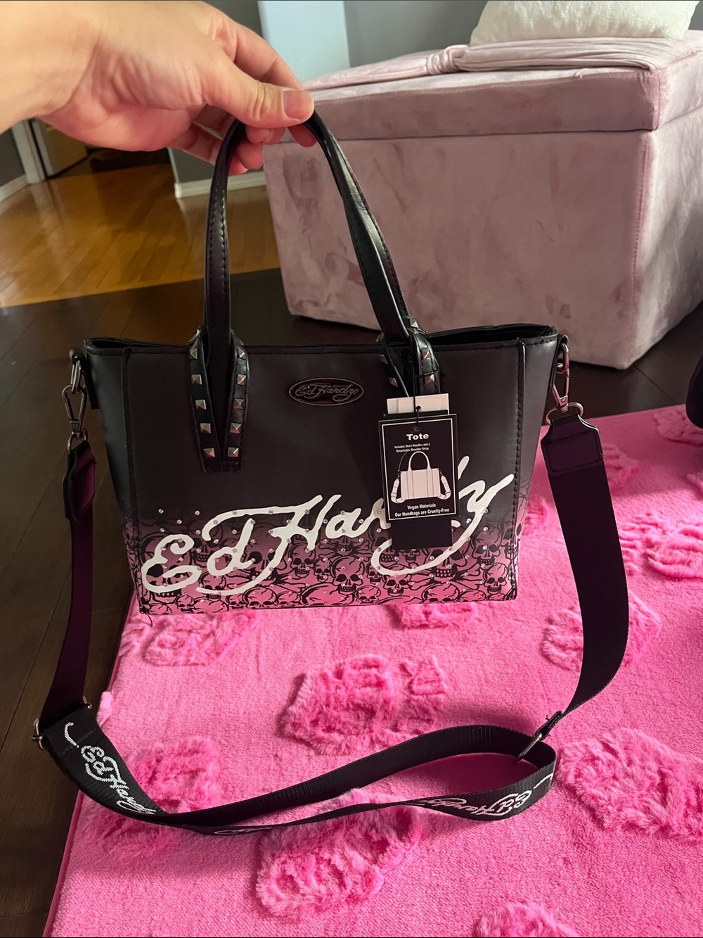 Ed Hardy Black and Pink Signature Studded Tote with Removable Strap